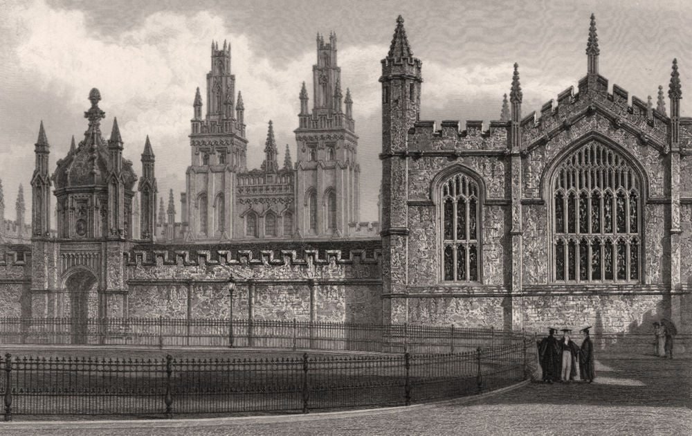 West front of All Souls College, Oxford, by John Le Keux 1837 old print